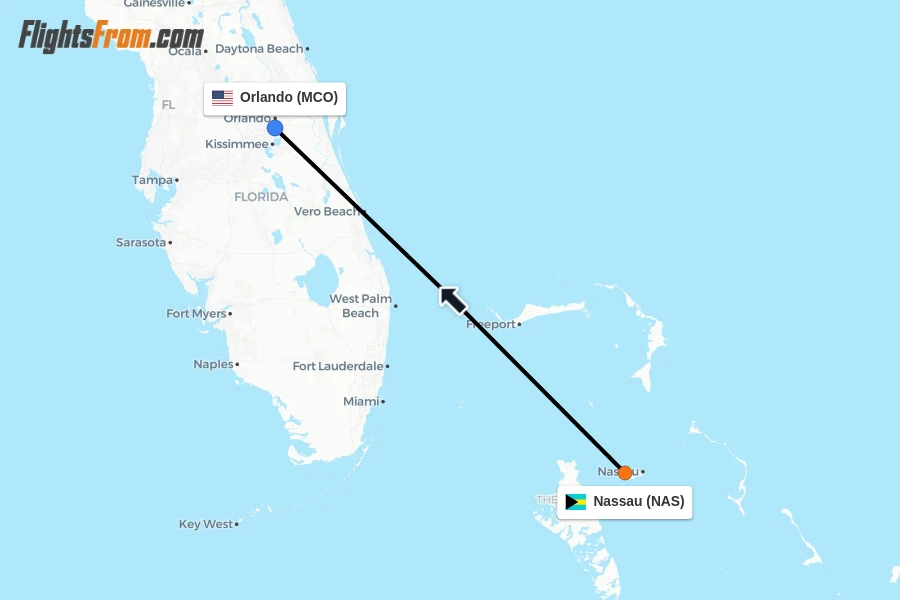 Flights from Nassau to Orlando route map