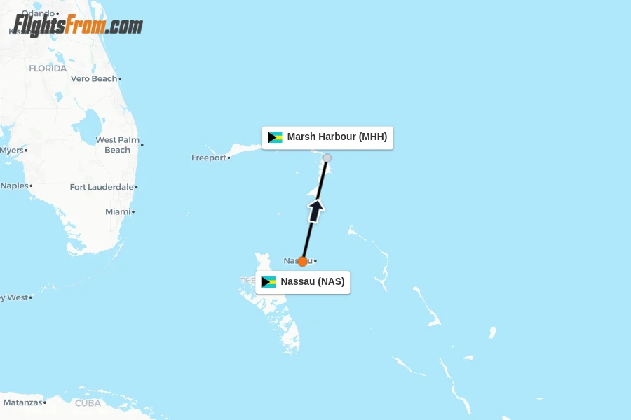 Flights from Nassau to Marsh Harbour route map