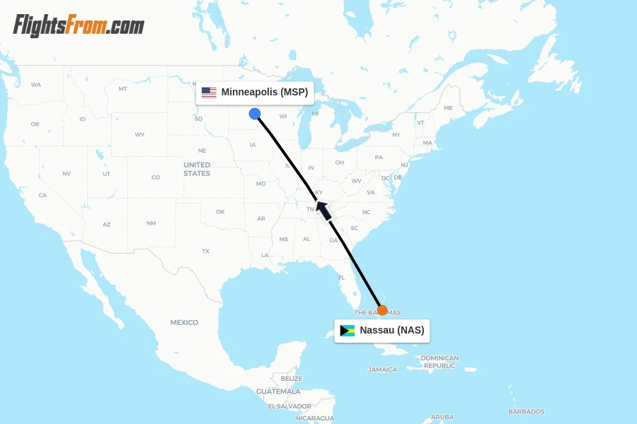 Flights from Nassau to Minneapolis route map