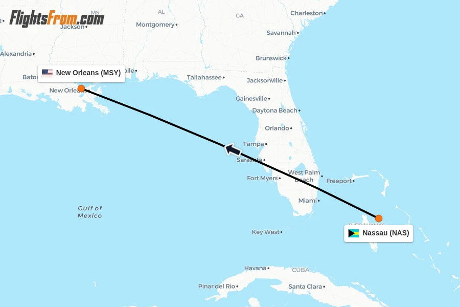Flights from Nassau to New Orleans route map
