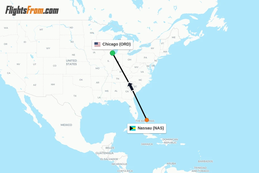 Flights from Nassau to Chicago route map