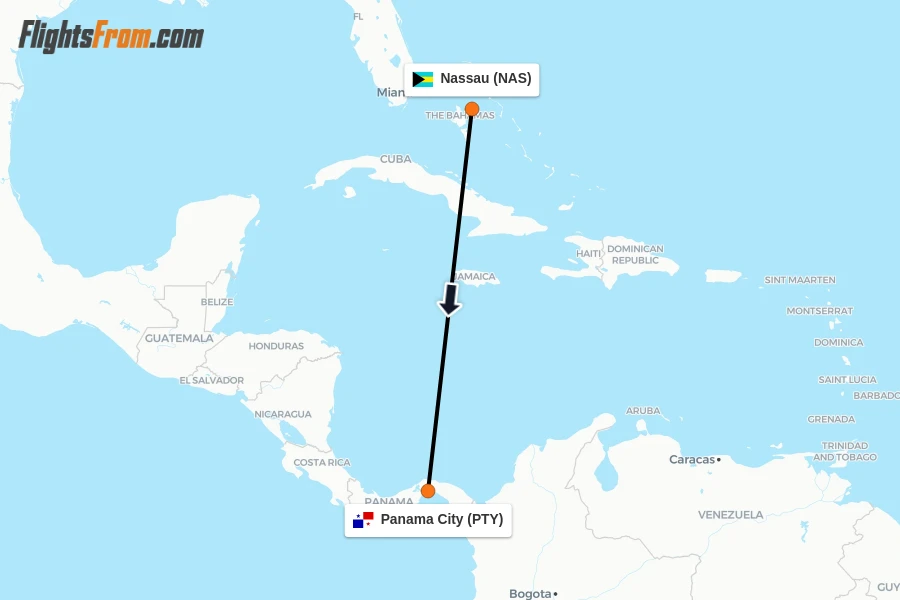 Flights from Nassau to Panama City route map