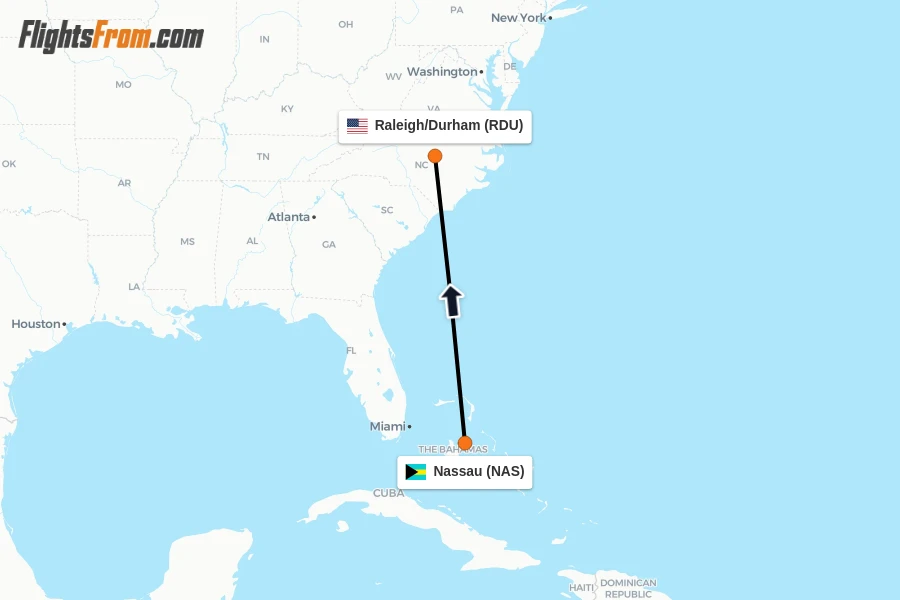 Flights from Nassau to Raleigh/Durham route map