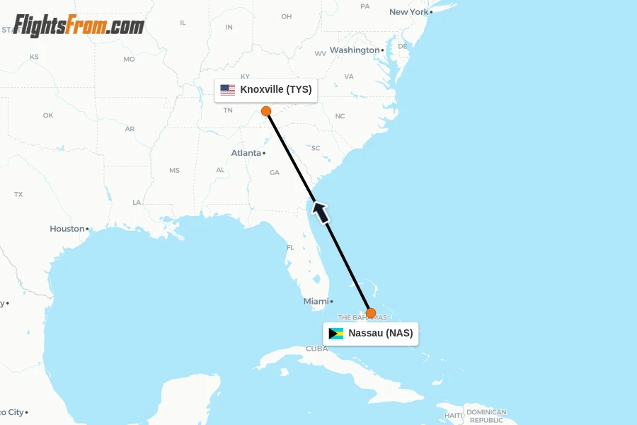 Flights from Nassau to Knoxville route map