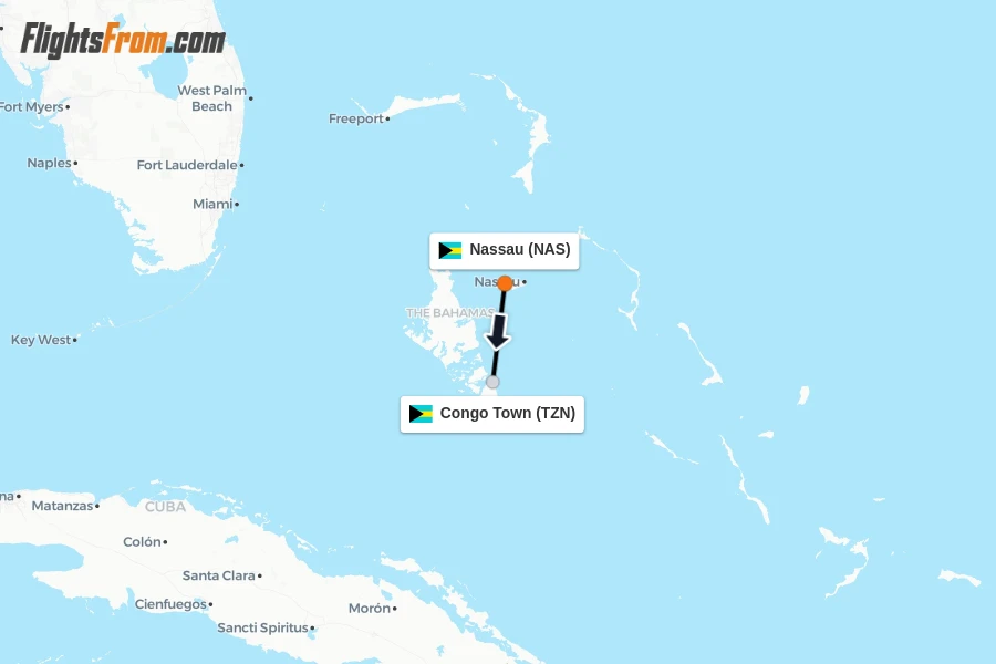 Flights from Nassau to Congo Town route map