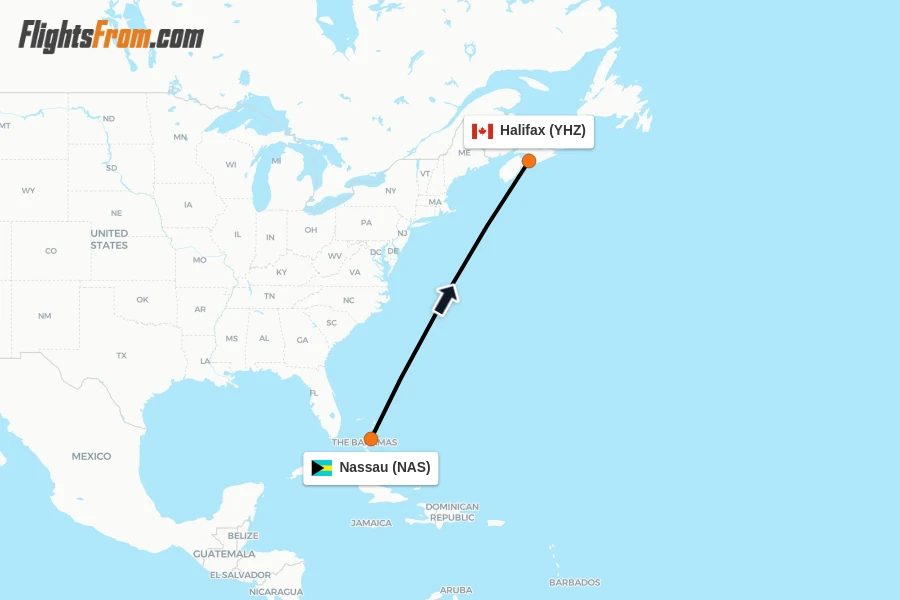 Flights from Nassau to Halifax route map