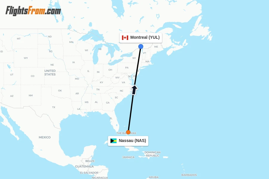 Flights from Nassau to Montreal route map