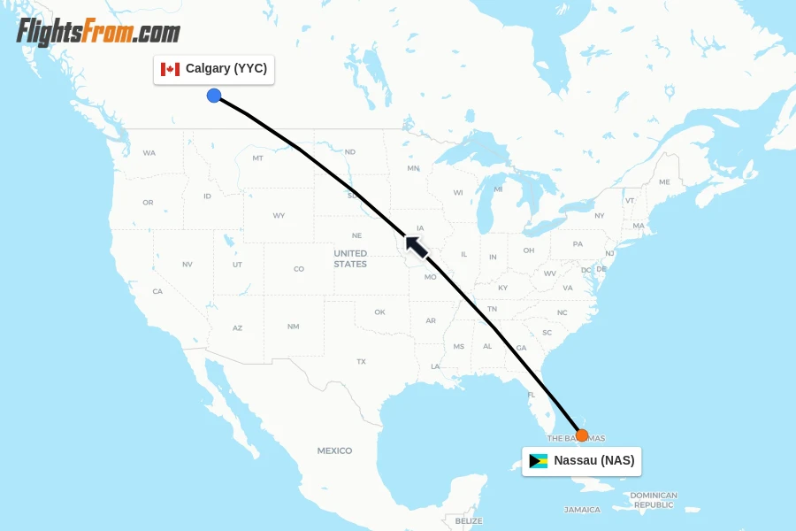 Flights from Nassau to Calgary route map