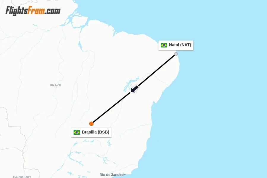 Flights from Natal to Brasilia route map