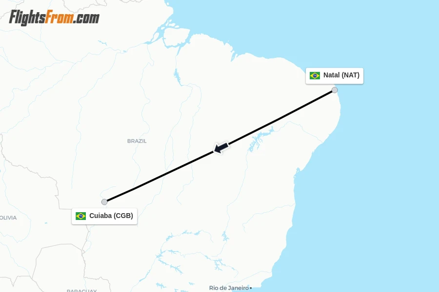 Flights from Natal to Cuiaba route map
