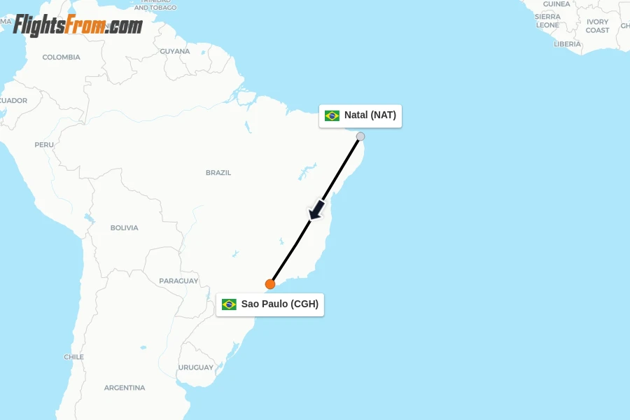 Flights from Natal to Sao Paulo route map