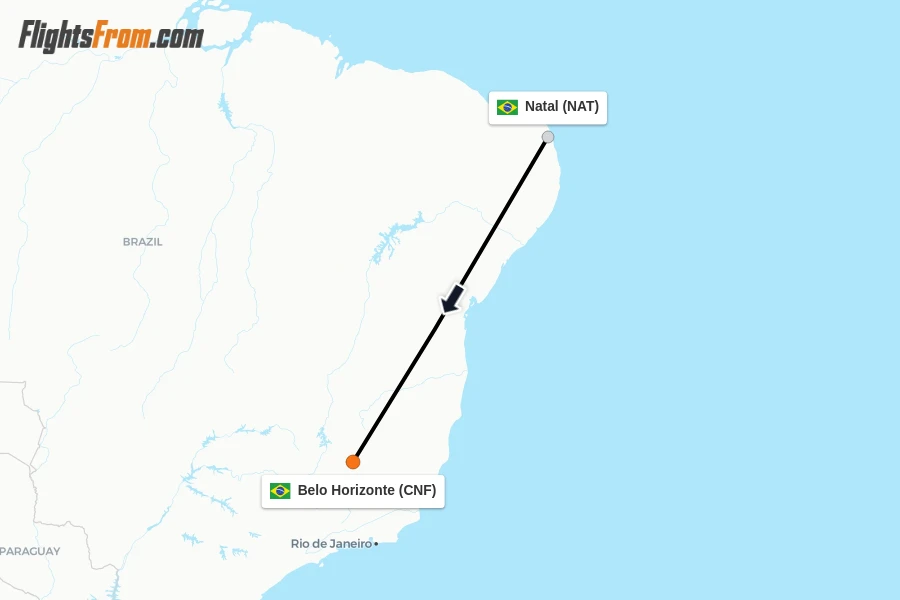Flights from Natal to Belo Horizonte route map