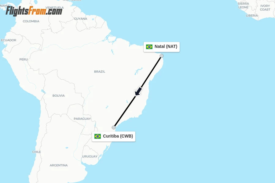 Flights from Natal to Curitiba route map