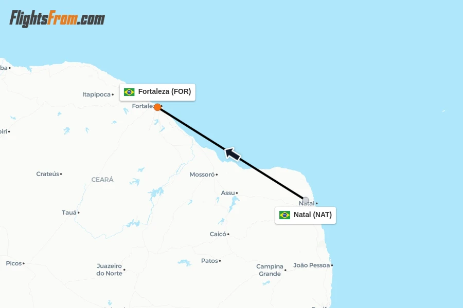 Flights from Natal to Fortaleza route map
