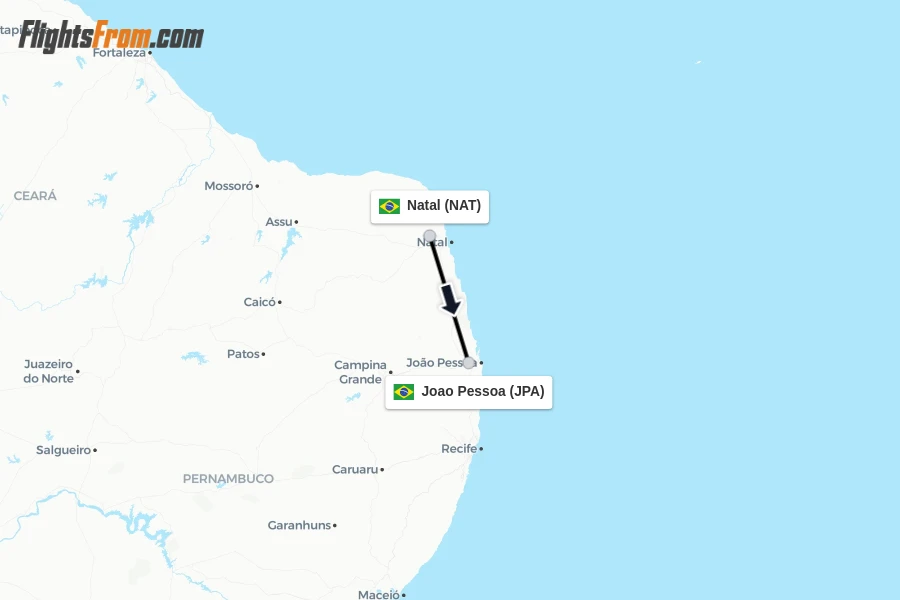 Flights from Natal to Joao Pessoa route map
