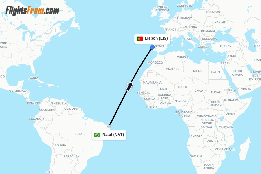 Flights from Natal to Lisbon route map