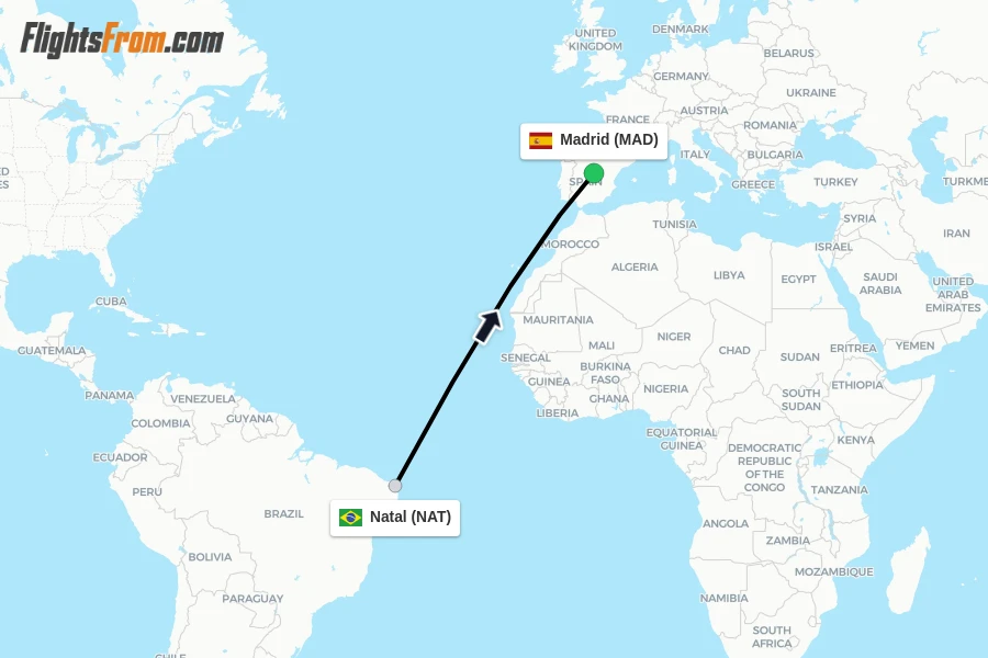 Flights from Natal to Madrid route map