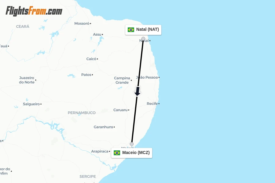 Flights from Natal to Maceio route map