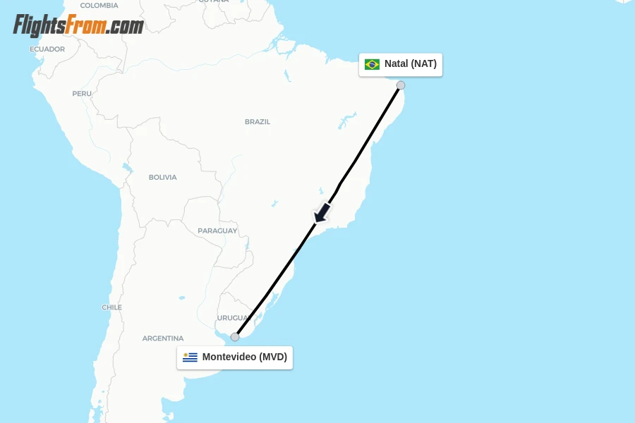 Flights from Natal to Montevideo route map