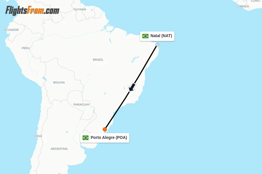 Flights from Natal to Porto Alegre route map