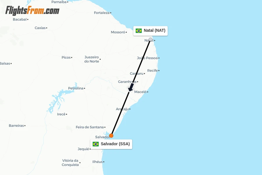 Flights from Natal to Salvador route map