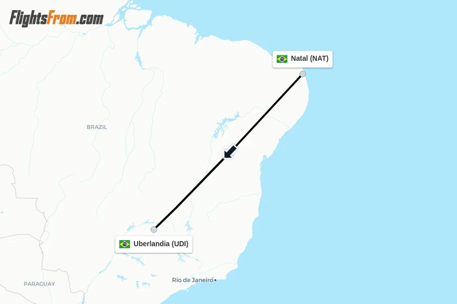 Flights from Natal to Uberlandia route map