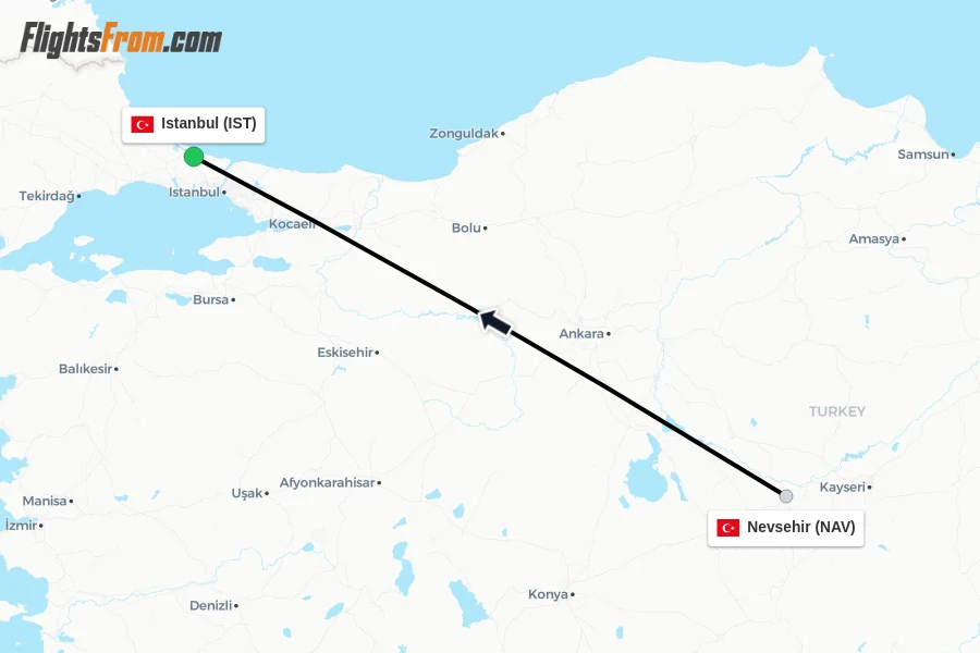 Flights from Nevsehir to Istanbul route map