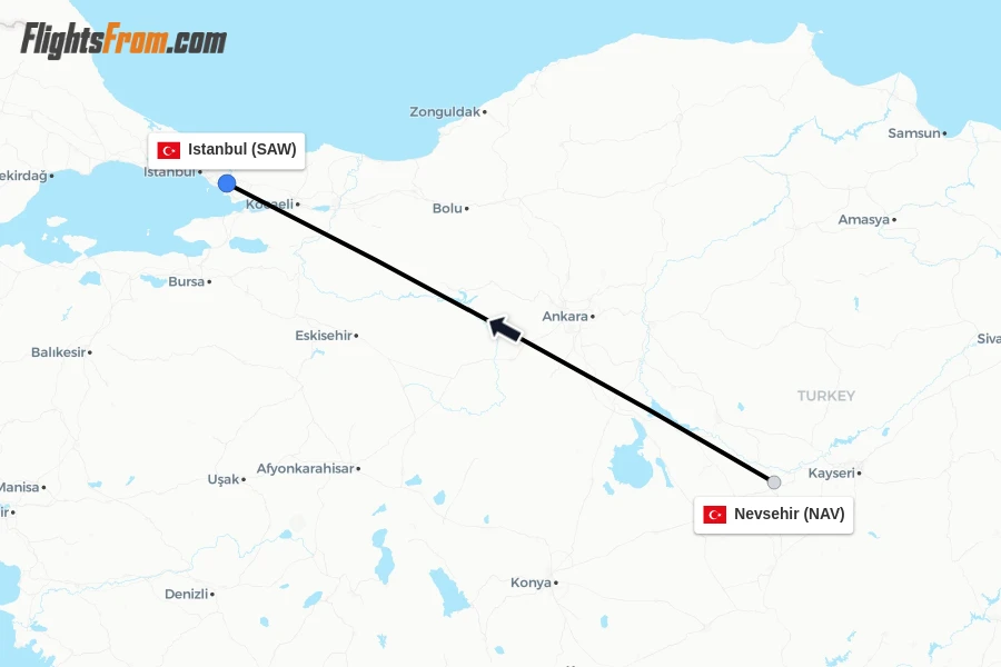 Flights from Nevsehir to Istanbul route map