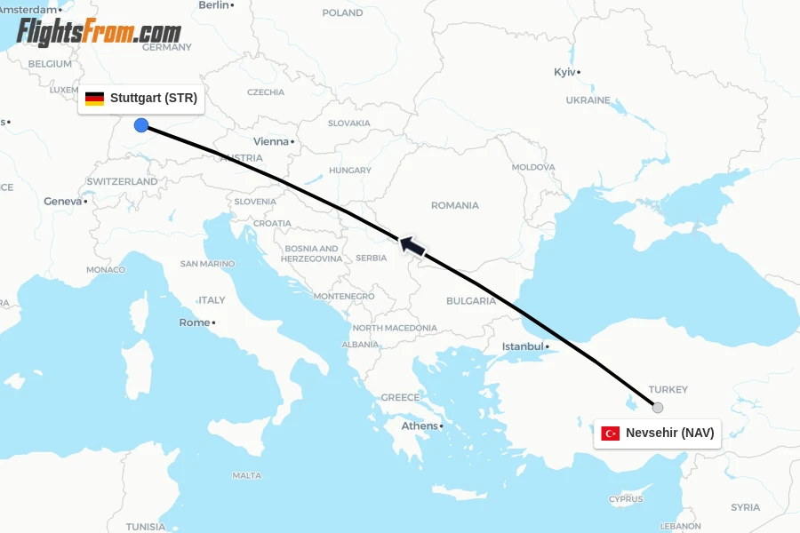 Flights from Nevsehir to Stuttgart route map