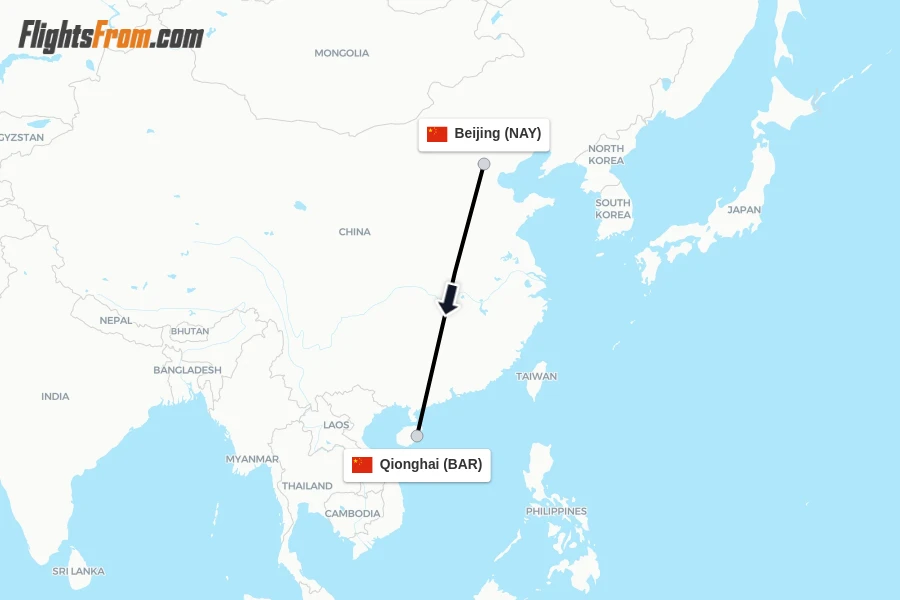 Flights from Beijing to Qionghai route map