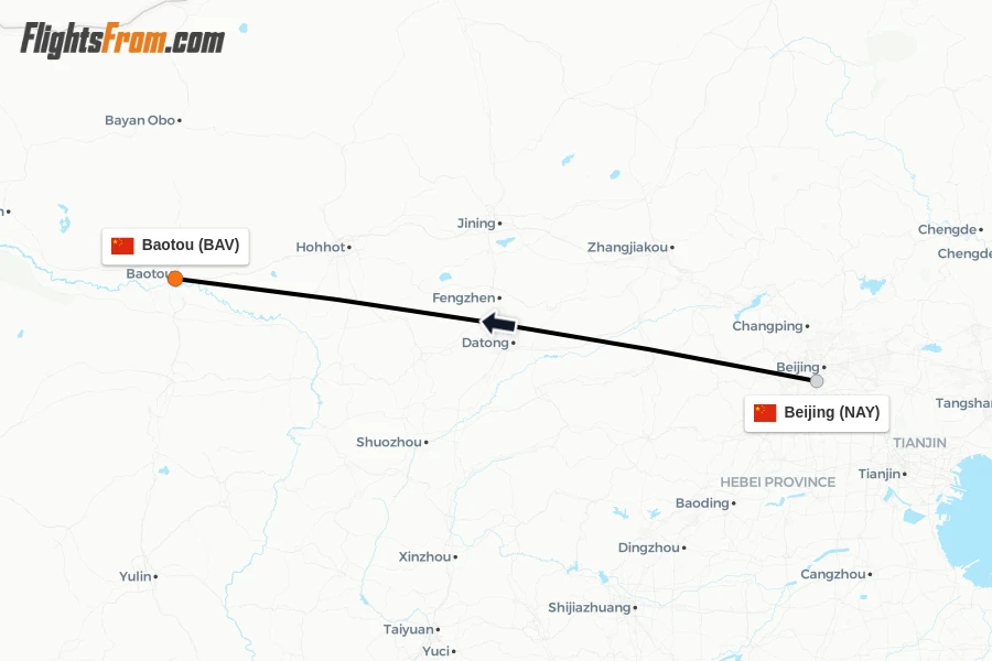 Flights from Beijing to Baotou route map
