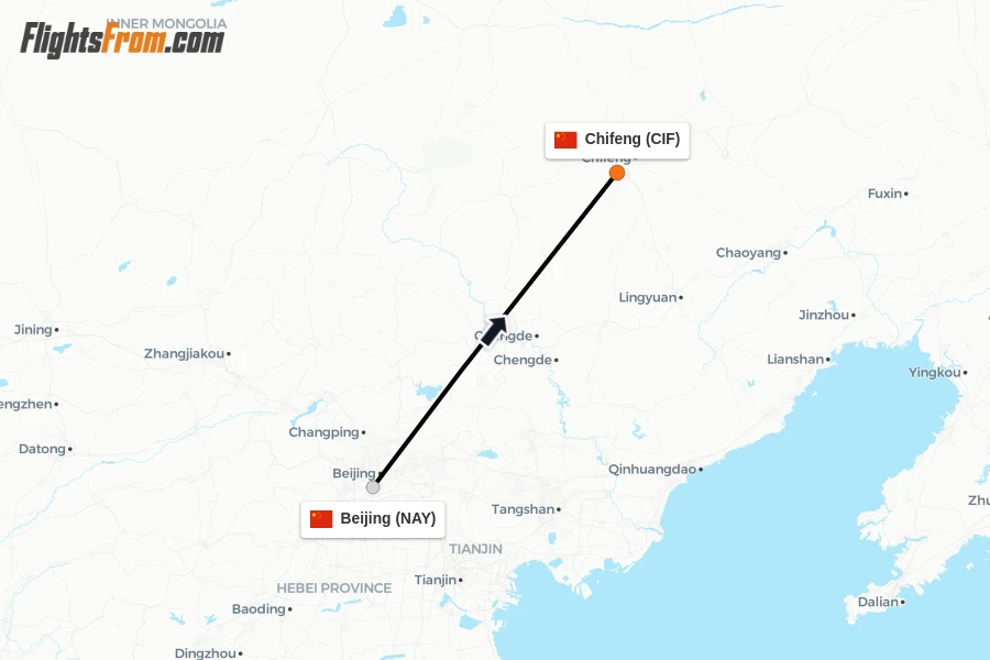 Flights from Beijing to Chifeng route map