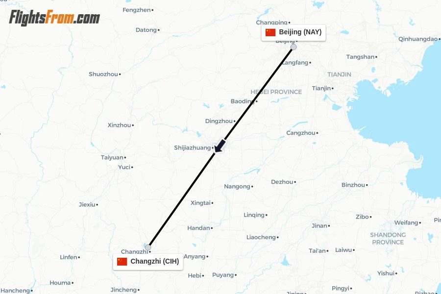 Flights from Beijing to Changzhi route map