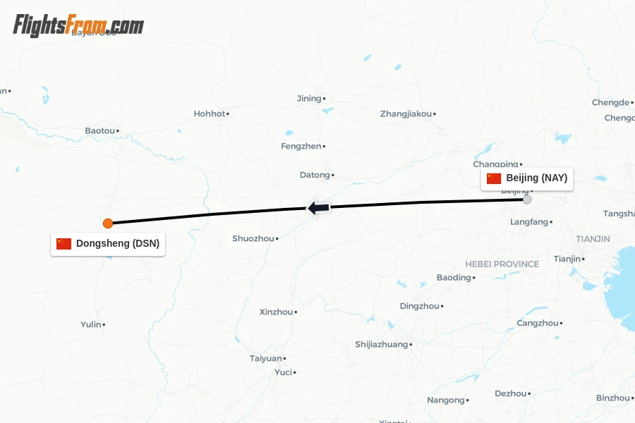 Flights from Beijing to Dongsheng route map