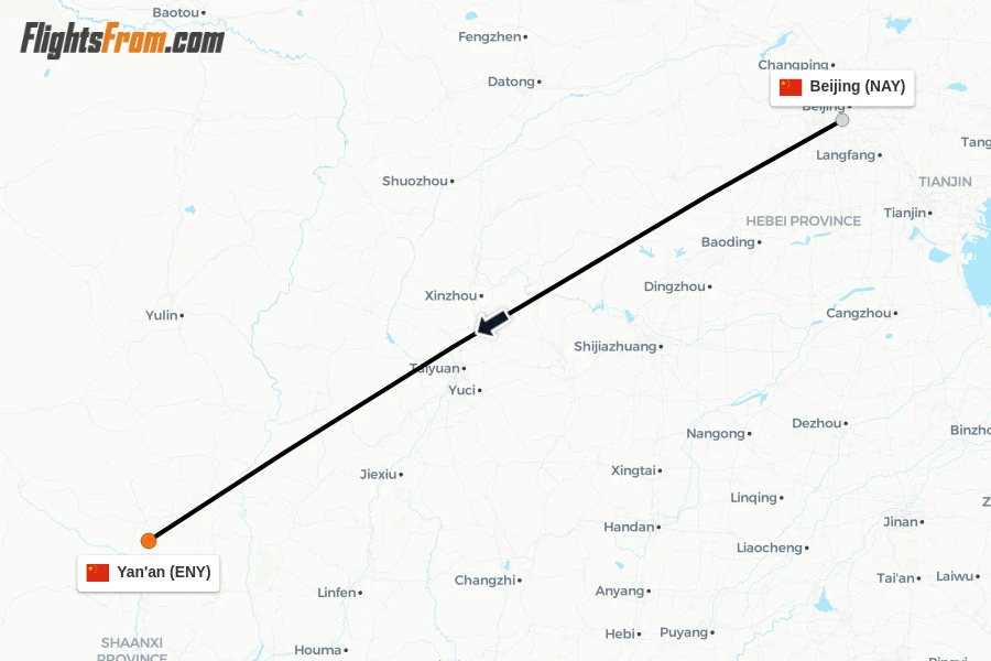Flights from Beijing to Yan'an route map