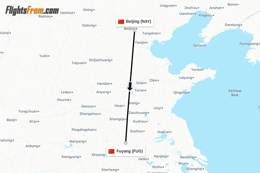 Flights from Beijing to Fuyang route map