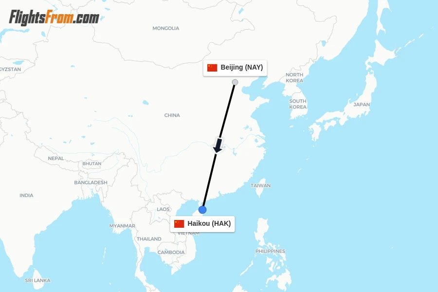 Flights from Beijing to Haikou route map