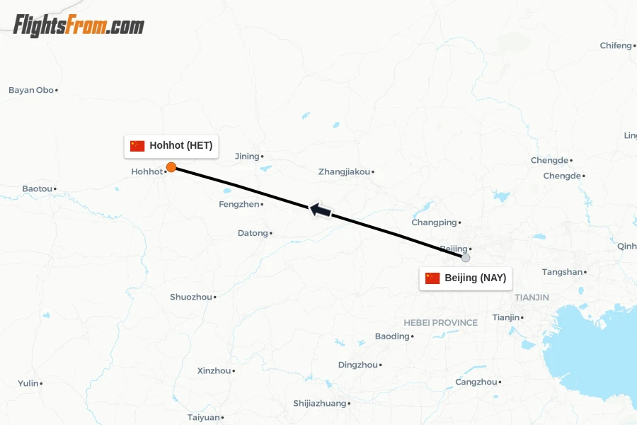 Flights from Beijing to Hohhot route map