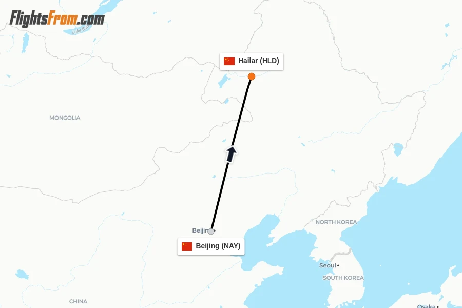 Flights from Beijing to Hailar route map