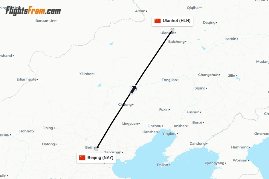Flights from Beijing to Ulanhot route map