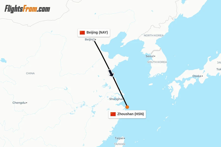 Flights from Beijing to Zhoushan route map