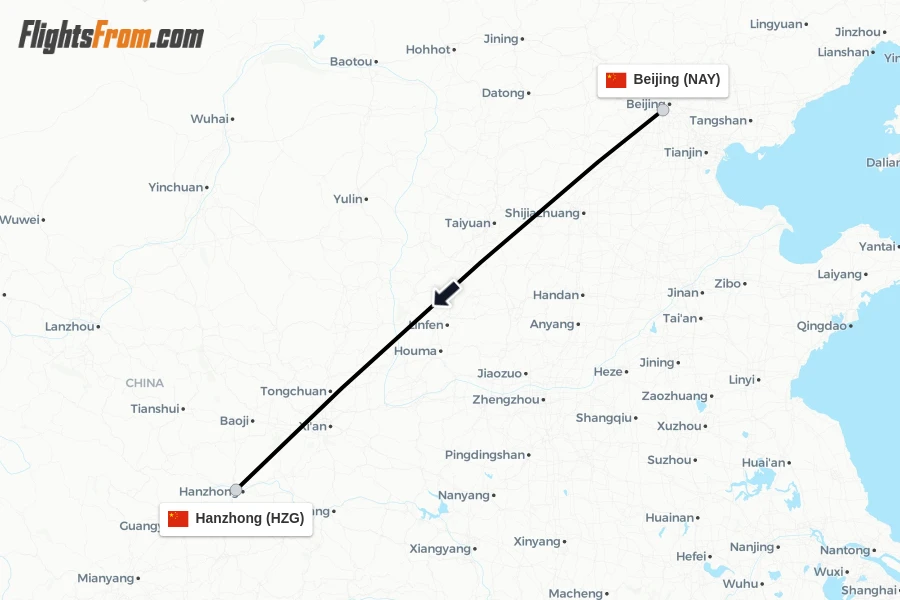 Flights from Beijing to Hanzhong route map