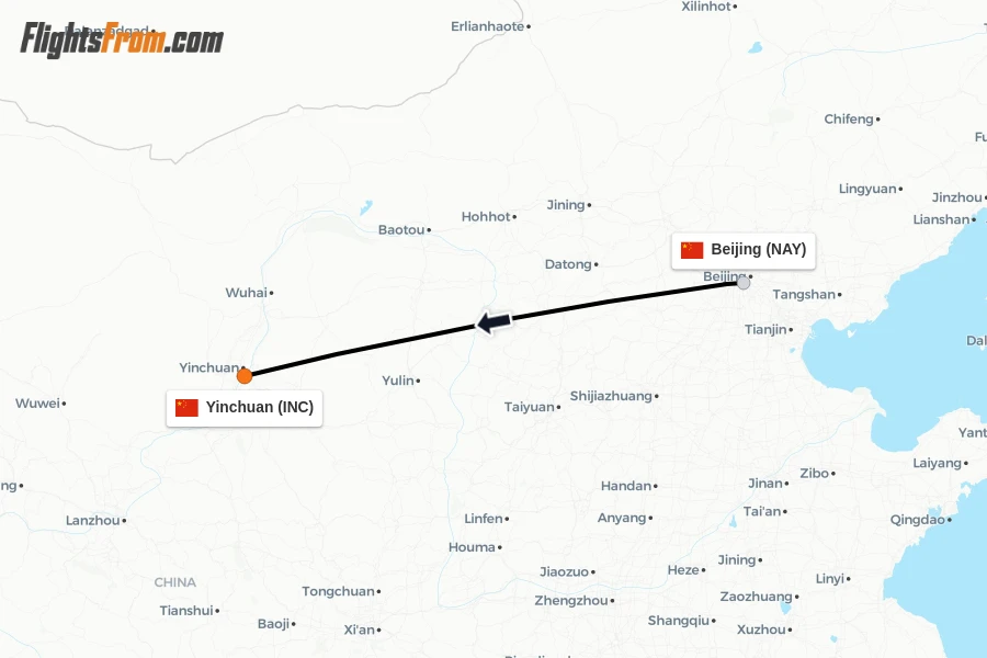 Flights from Beijing to Yinchuan route map