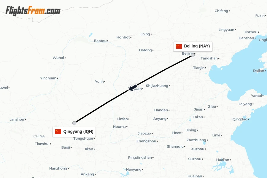 Flights from Beijing to Qingyang route map