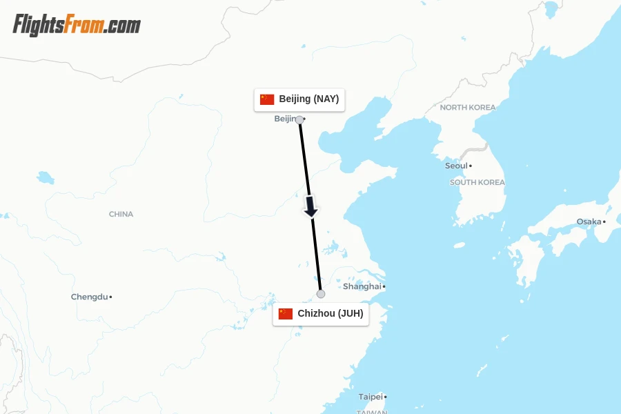 Flights from Beijing to Chizhou route map