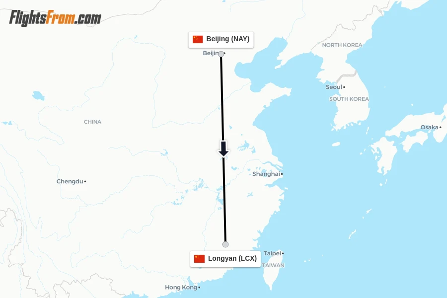 Flights from Beijing to Longyan route map