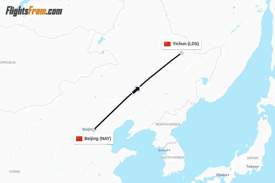 Flights from Beijing to Yichun route map