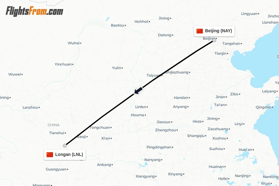 Flights from Beijing to Longan route map