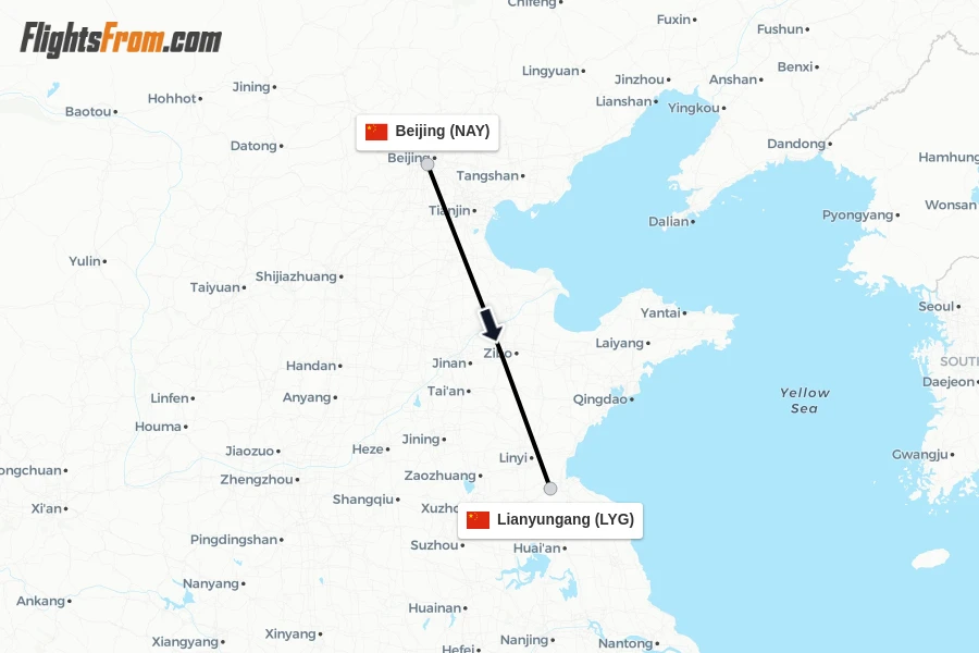 Flights from Beijing to Lianyungang route map