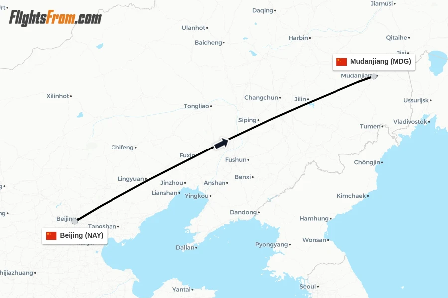 Flights from Beijing to Mudanjiang route map